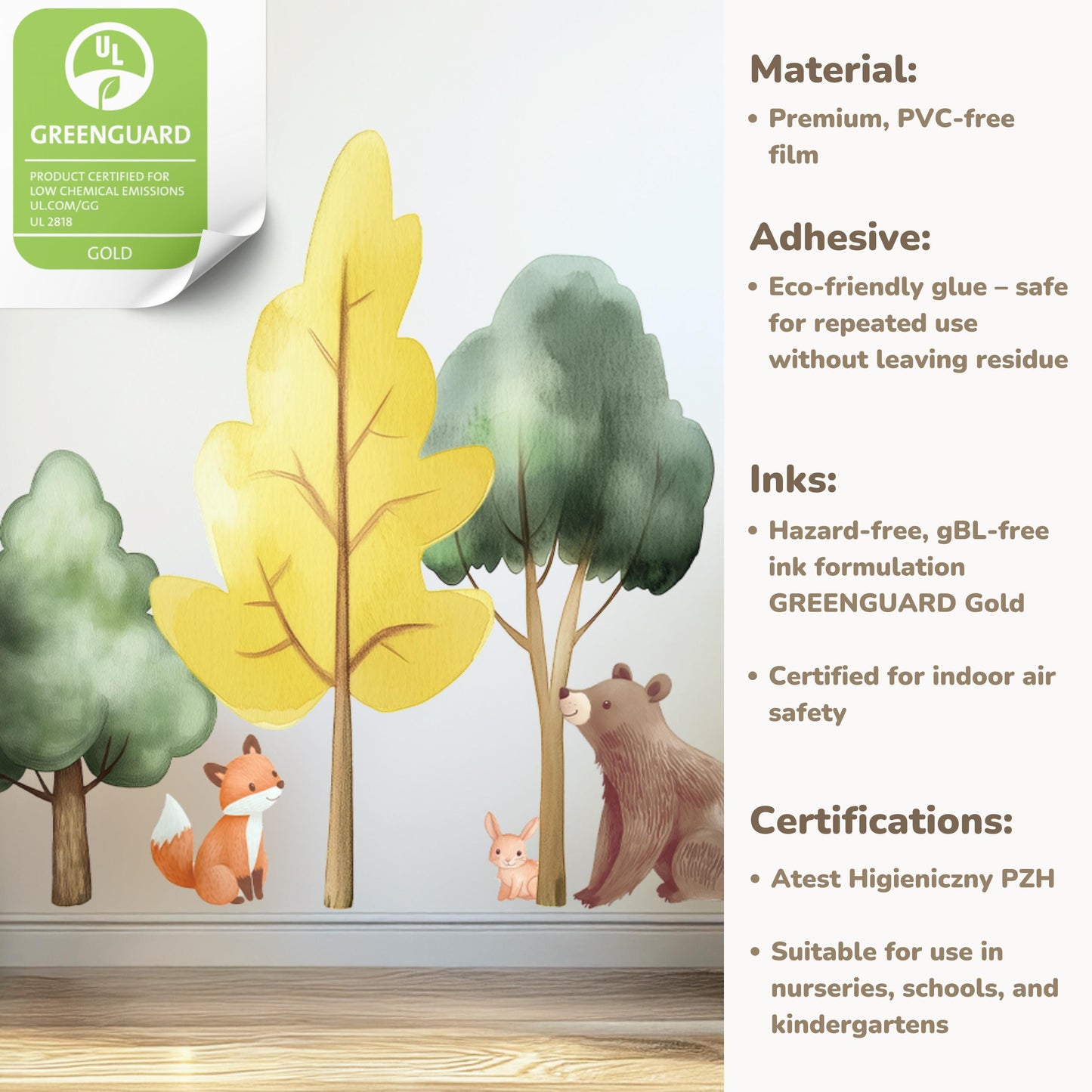 Stickers muraux Forêt – Autocollants écologiques aquarelle XXL réutilisables et non toxiques avec arbres et animaux des bois pour chambres d'enfants