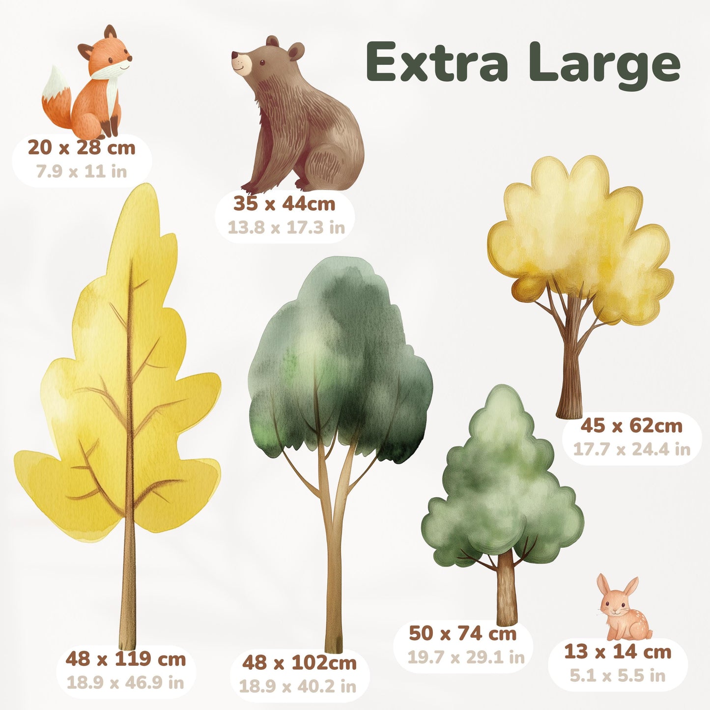 Autocollants muraux animaux et arbres de la forêt – Autocollants aquarelle écologiques certifiés GREENGUARD amovibles XL et XXL pour chambres d'enfants