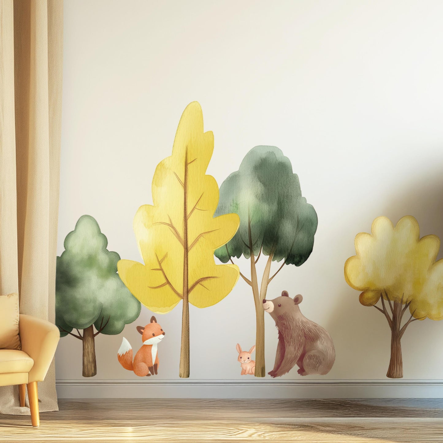 Autocollants muraux animaux et arbres de la forêt – Autocollants aquarelle écologiques certifiés GREENGUARD amovibles XL et XXL pour chambres d'enfants
