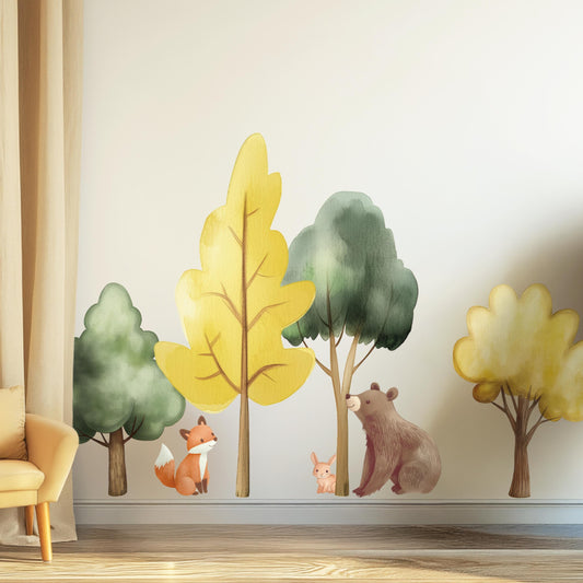 Autocollants muraux animaux et arbres de la forêt – Autocollants aquarelle écologiques certifiés GREENGUARD amovibles XL et XXL pour chambres d'enfants