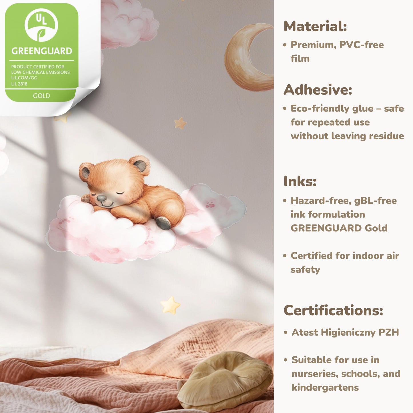Stickers muraux ours en peluche - Sticker mural pour chambre d'enfant avec lune, étoiles et nuages, décoration intérieure pour baby shower, stickers pour chambre d'enfant