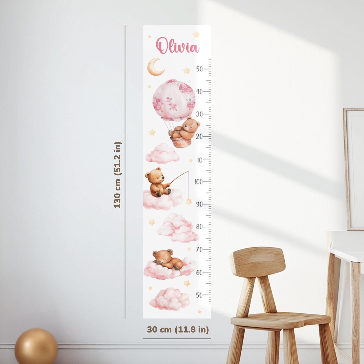Autocollants muraux Ours et Nuages ​​– Toise personnalisée avec nom pour garçons et filles, à décoller et coller, sans plastique, pour chambre d'enfant