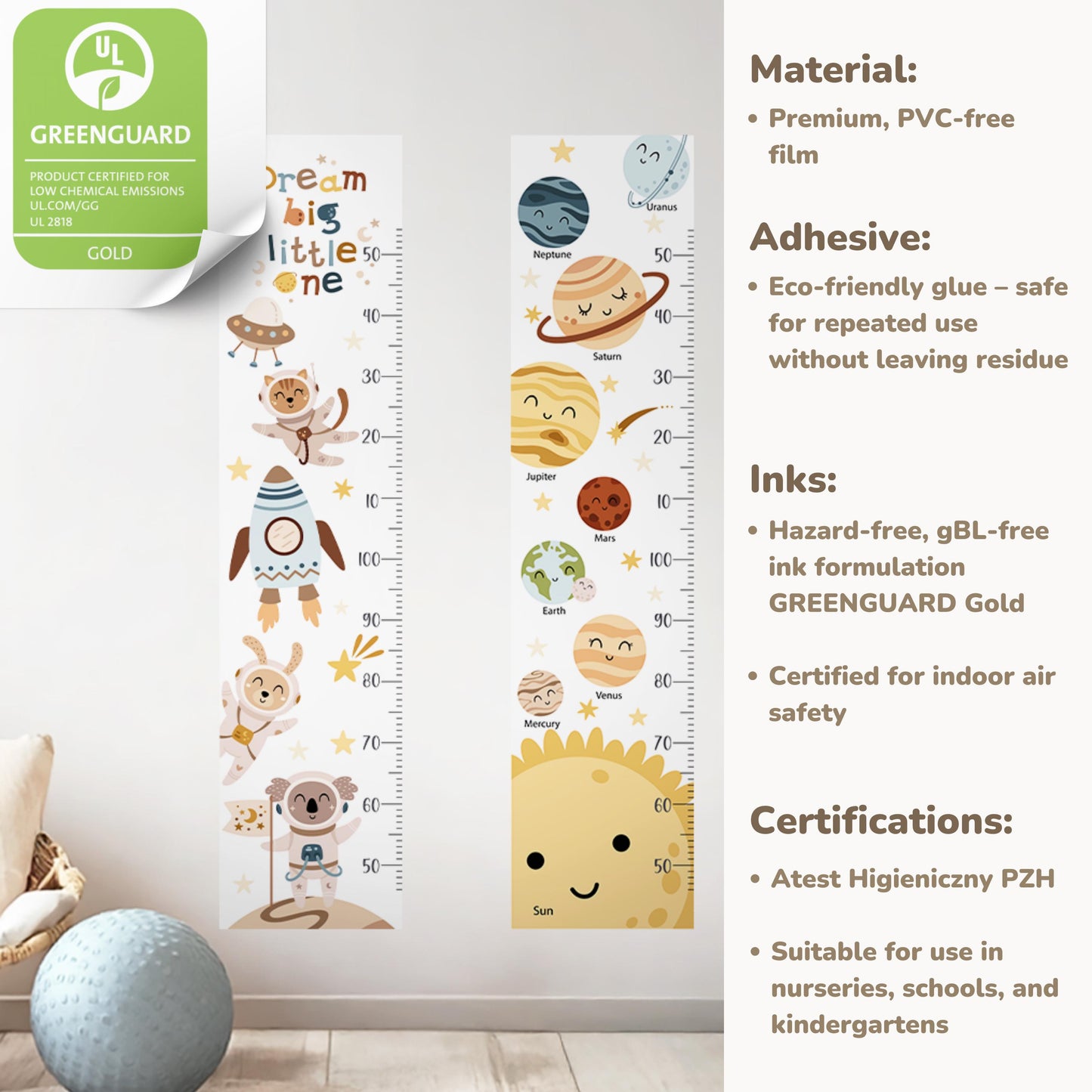 Autocollants muraux pour tableau de croissance spatial – Décoration de chambre d'enfant galaxie avec fusées, étoiles et animaux astronautes, autocollants réutilisables et sûrs pour chambre d'enfant