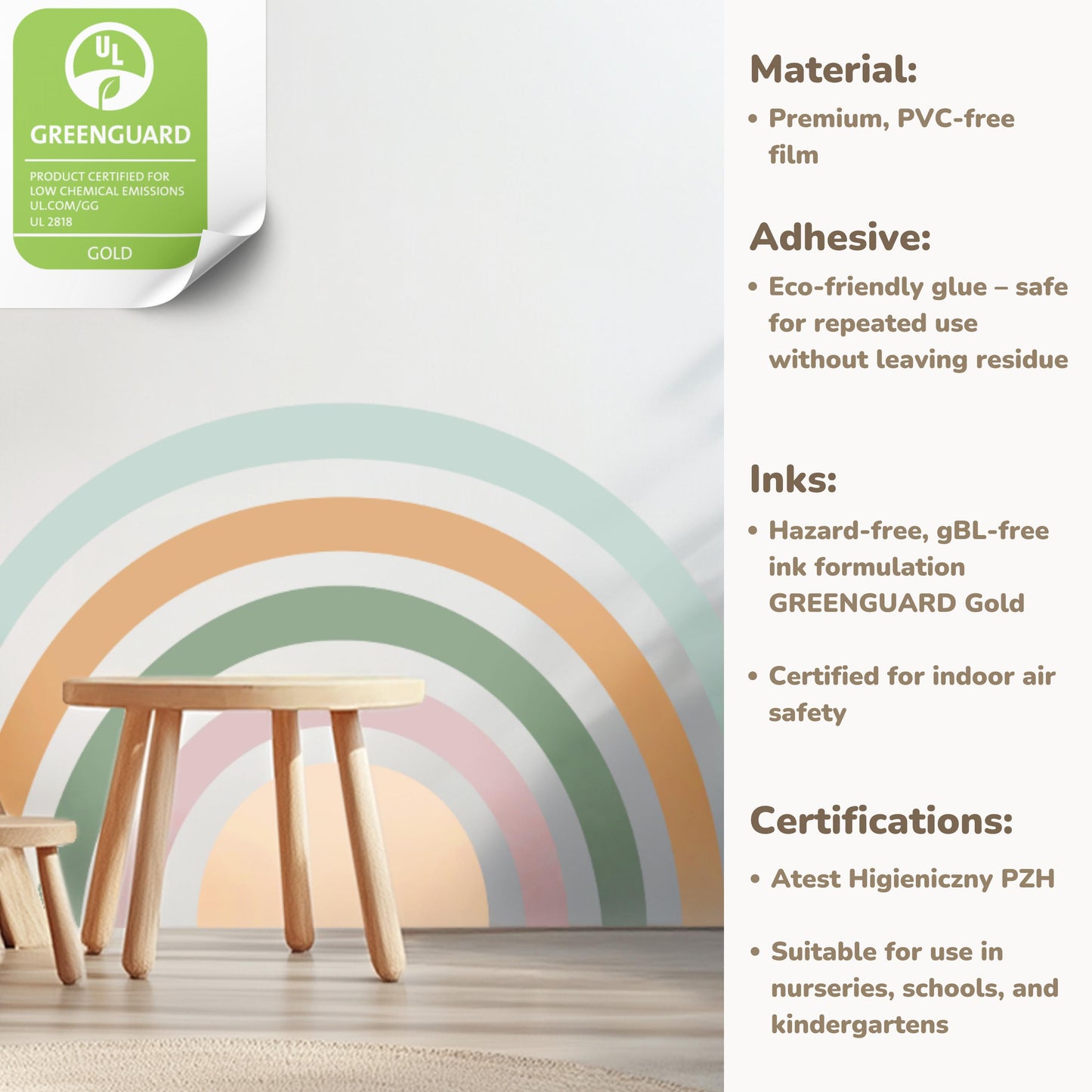 Stickers muraux arc-en-ciel – Autocollants écologiques et sans PVC pour chambre de bébé | Tailles XL ou XXL | Amovibles et non toxiques