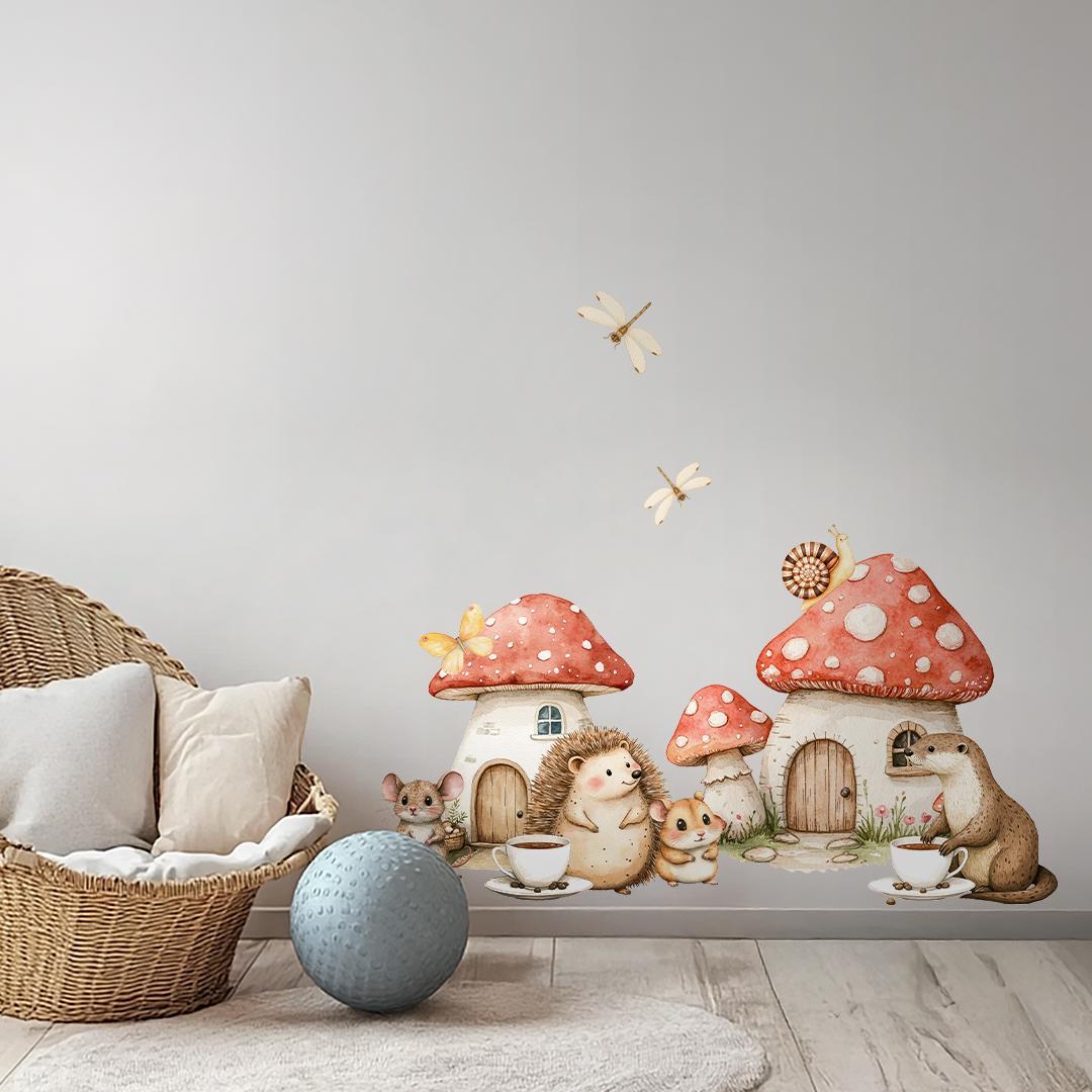 Woodland Village Wall Decals β Watercolor Forest Animals & Mushrooms, Removable and PVC-Free, Available in Large and Extra Large Sizes
