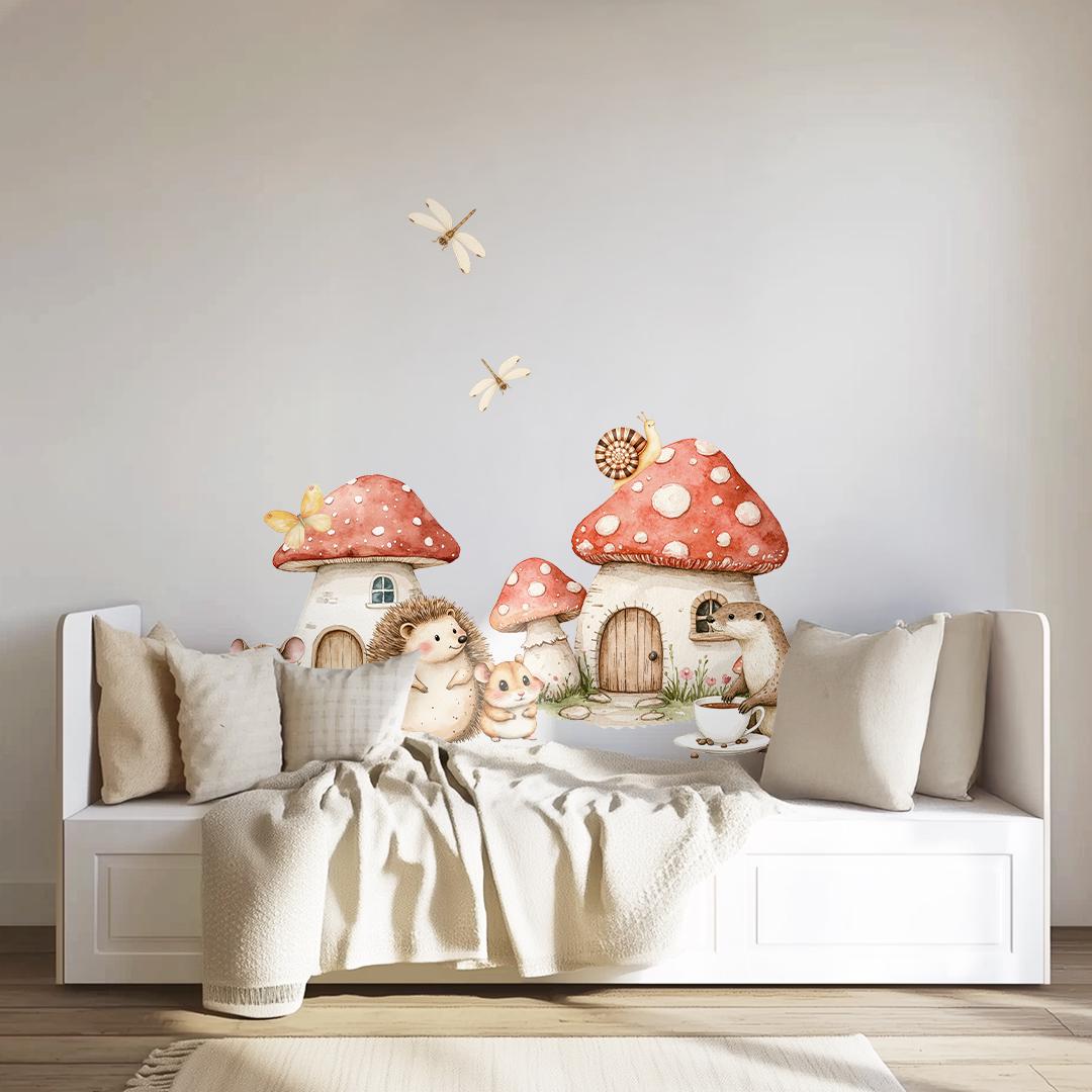 Woodland Village Wall Decals β Watercolor Forest Animals & Mushrooms, Removable and PVC-Free, Available in Large and Extra Large Sizes
