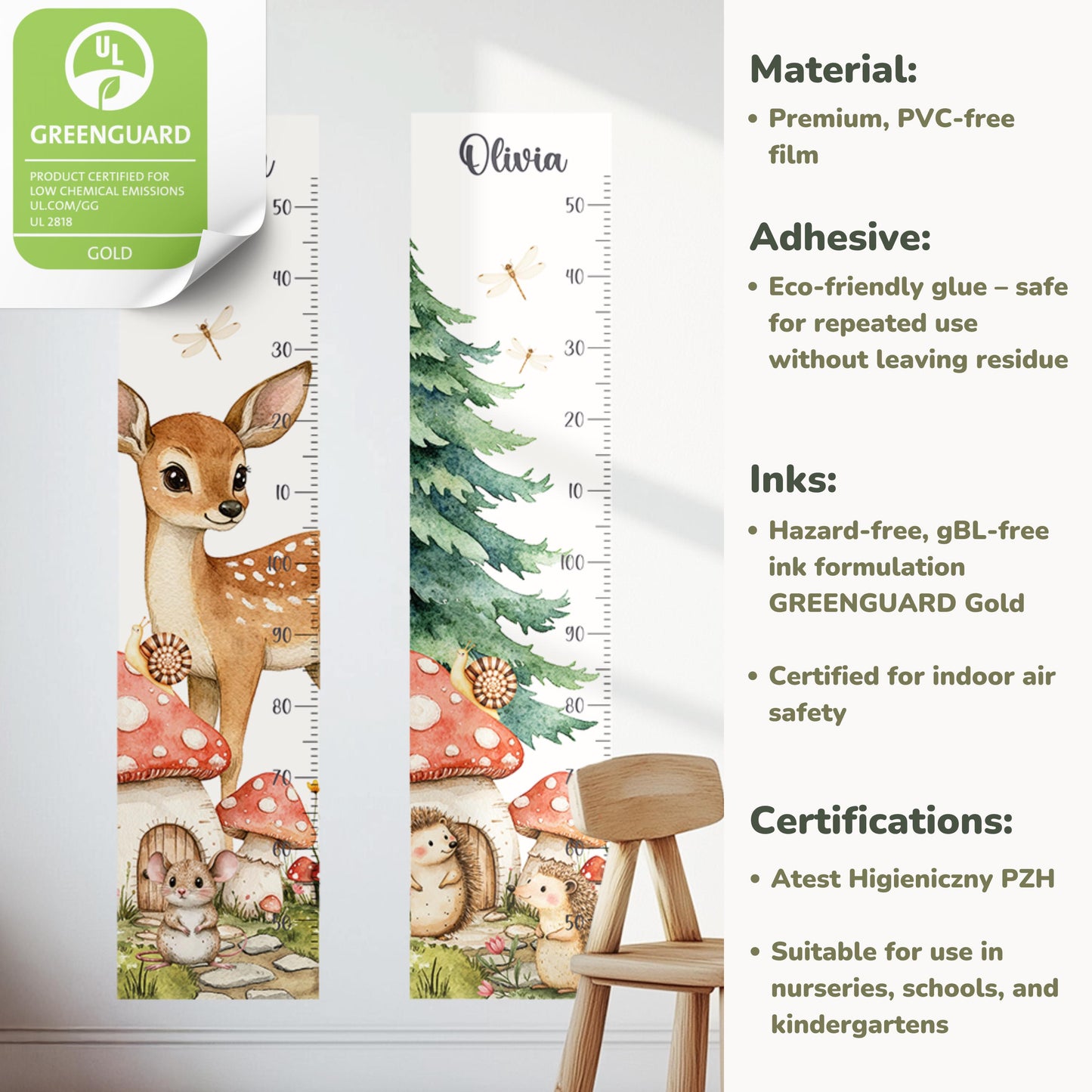Autocollants muraux sur le thème de la forêt, tableau de croissance personnalisé avec le nom de l'enfant, respectueux de l'environnement, à décoller et à coller, décoration d'animaux de la forêt