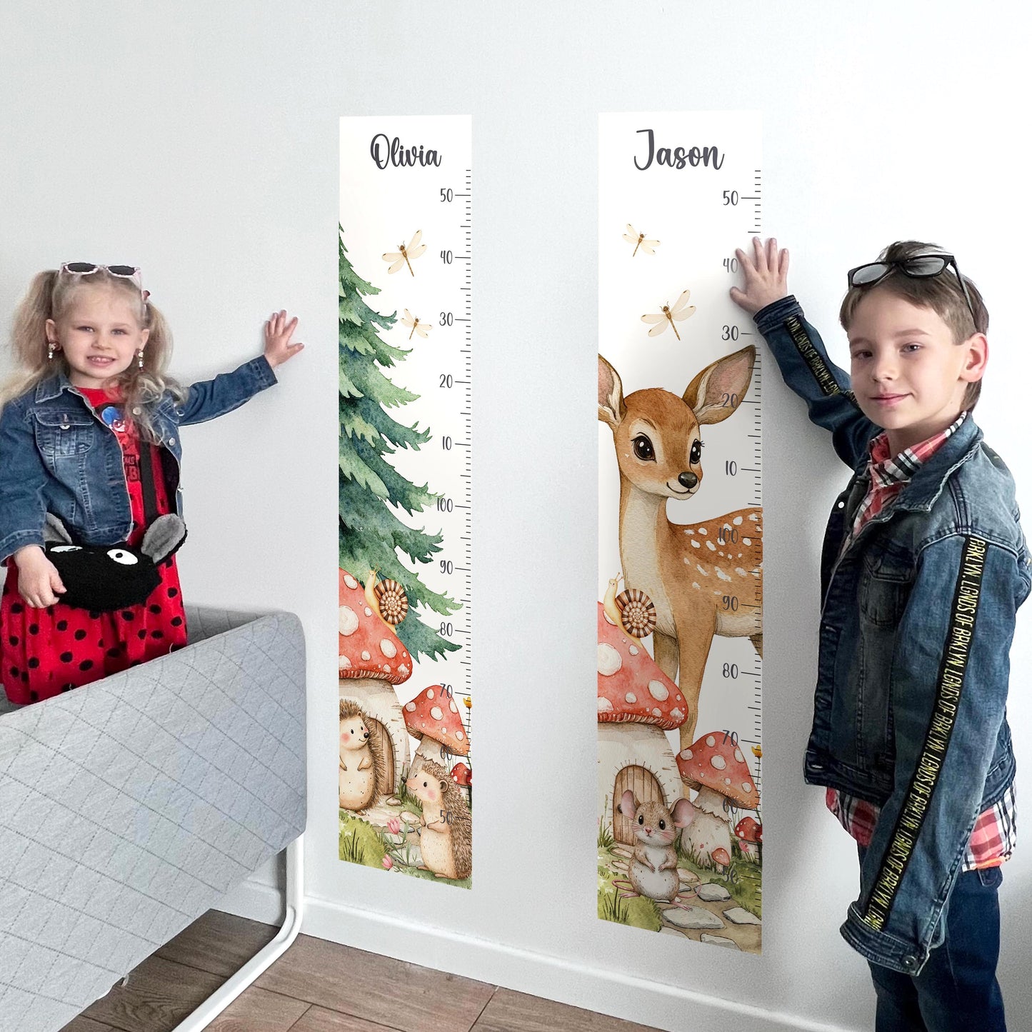 Autocollants muraux sur le thème de la forêt, tableau de croissance personnalisé avec le nom de l'enfant, respectueux de l'environnement, à décoller et à coller, décoration d'animaux de la forêt