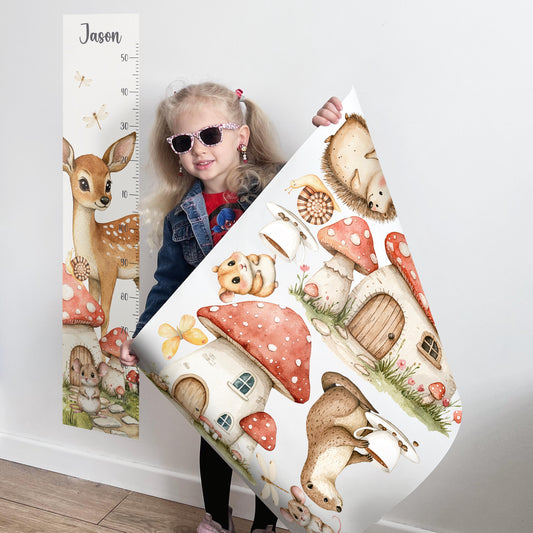 Toise et stickers muraux animaux de la forêt – Décoration de chambre d'enfant aquarelle avec animaux de la forêt, stickers XXL, personnalisables avec le nom de l'enfant