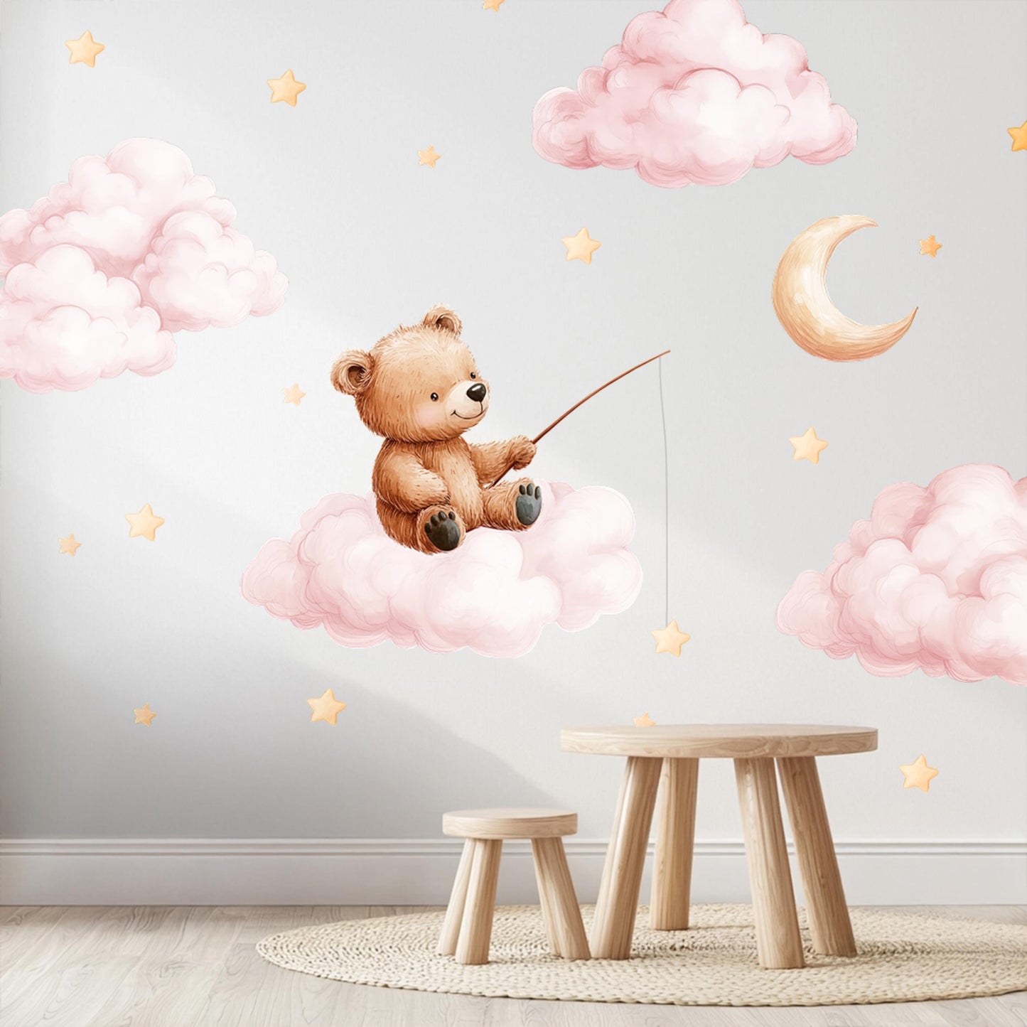 Bear Fishing on Cloud Wall Decals – XL & XXL Non-Toxic Reusable Watercolor-Style Kids' Room Decor with Stars and Dreamy Sky Elements