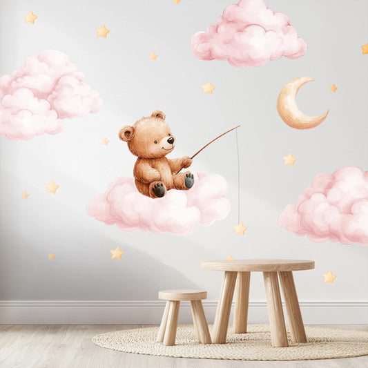 Autocollants muraux Ours pêcheur sur nuage – Décoration de chambre d'enfant XL et XXL, non toxique et réutilisable, style aquarelle, avec étoiles et éléments de ciel de rêve