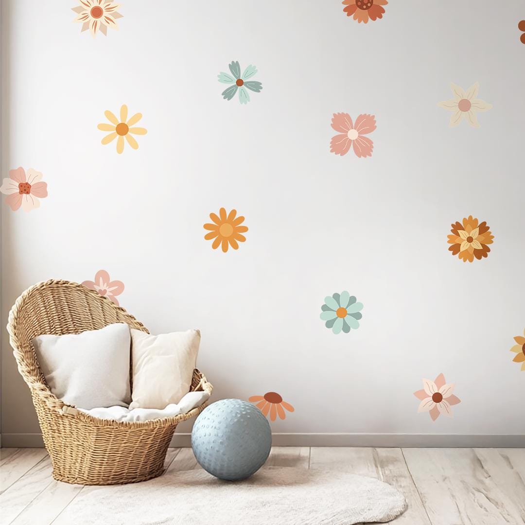 Flowers Wall Decals – Boho Floral Nursery Decor, Reusable & Eco-Friendly Stickers for Kids Room, Nature-Inspired Wall Art