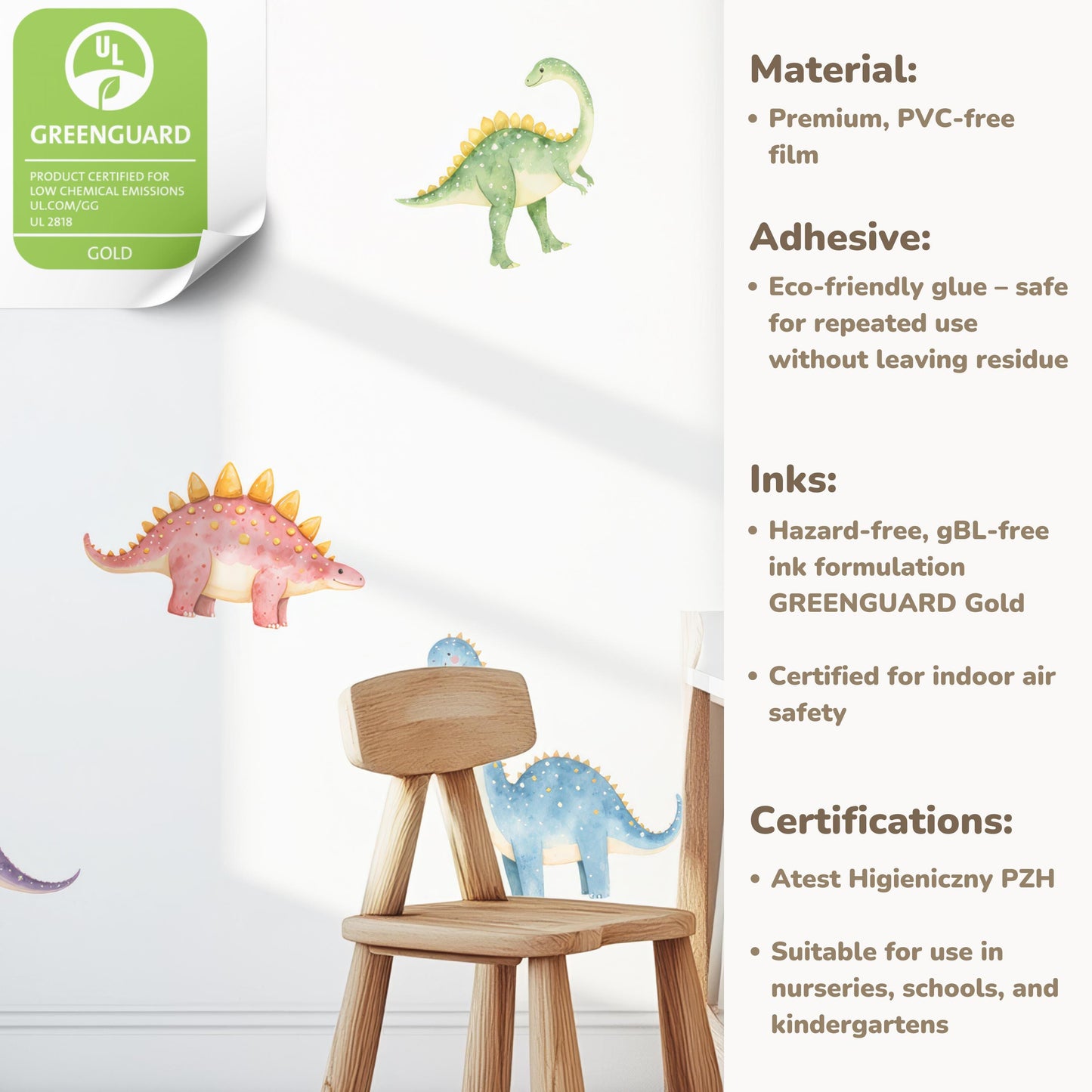 Cute Dinosaurs Wall Decals – Fun & Reusable Stickers for Kids’ Room, Baby Nursery or Preschool Classroom with Watercolor Illustrations