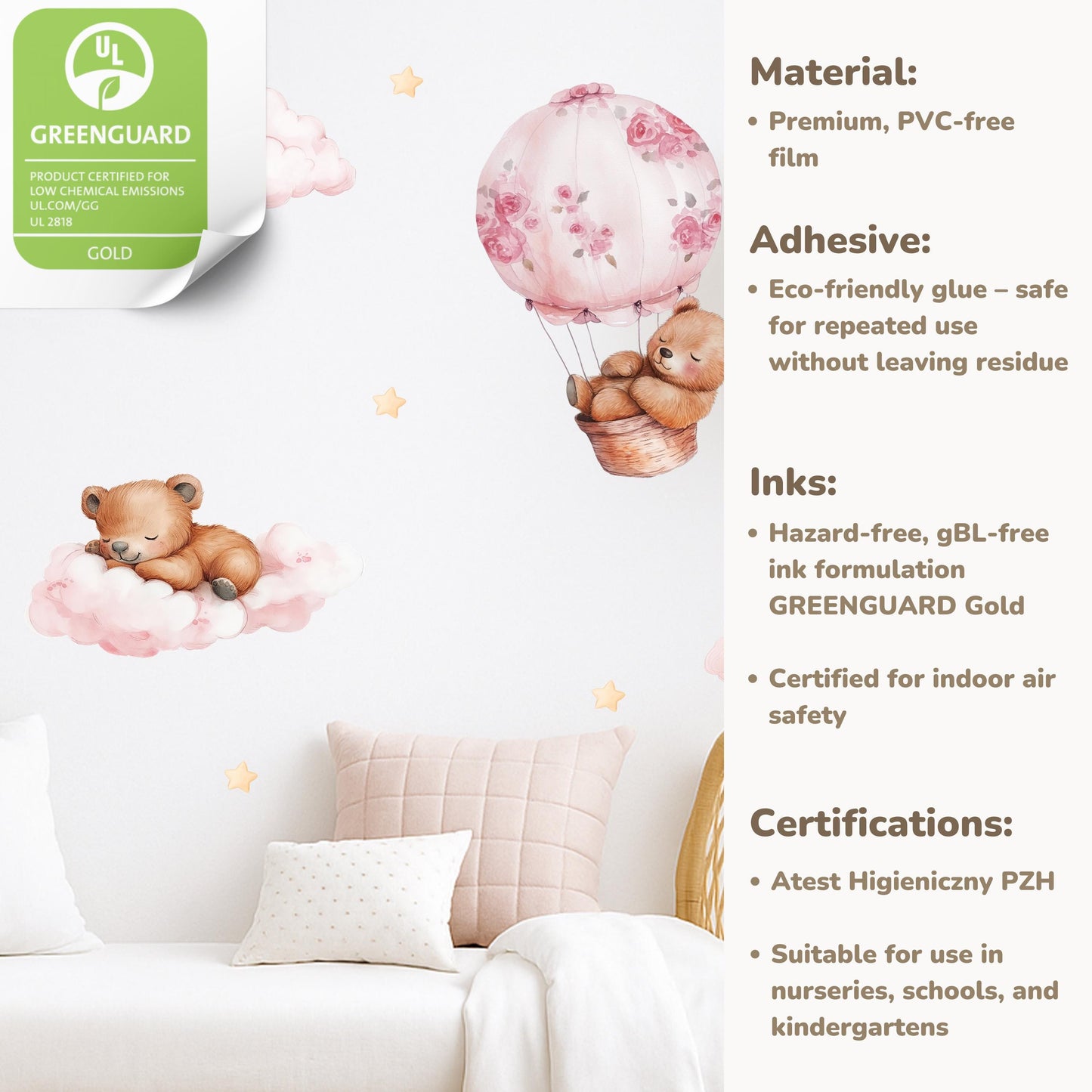 Sleepy Bears Wall Decals – Dreamy Nursery Decor, Clouds & Stars Stickers, Soothing Reusable Baby Wall Art