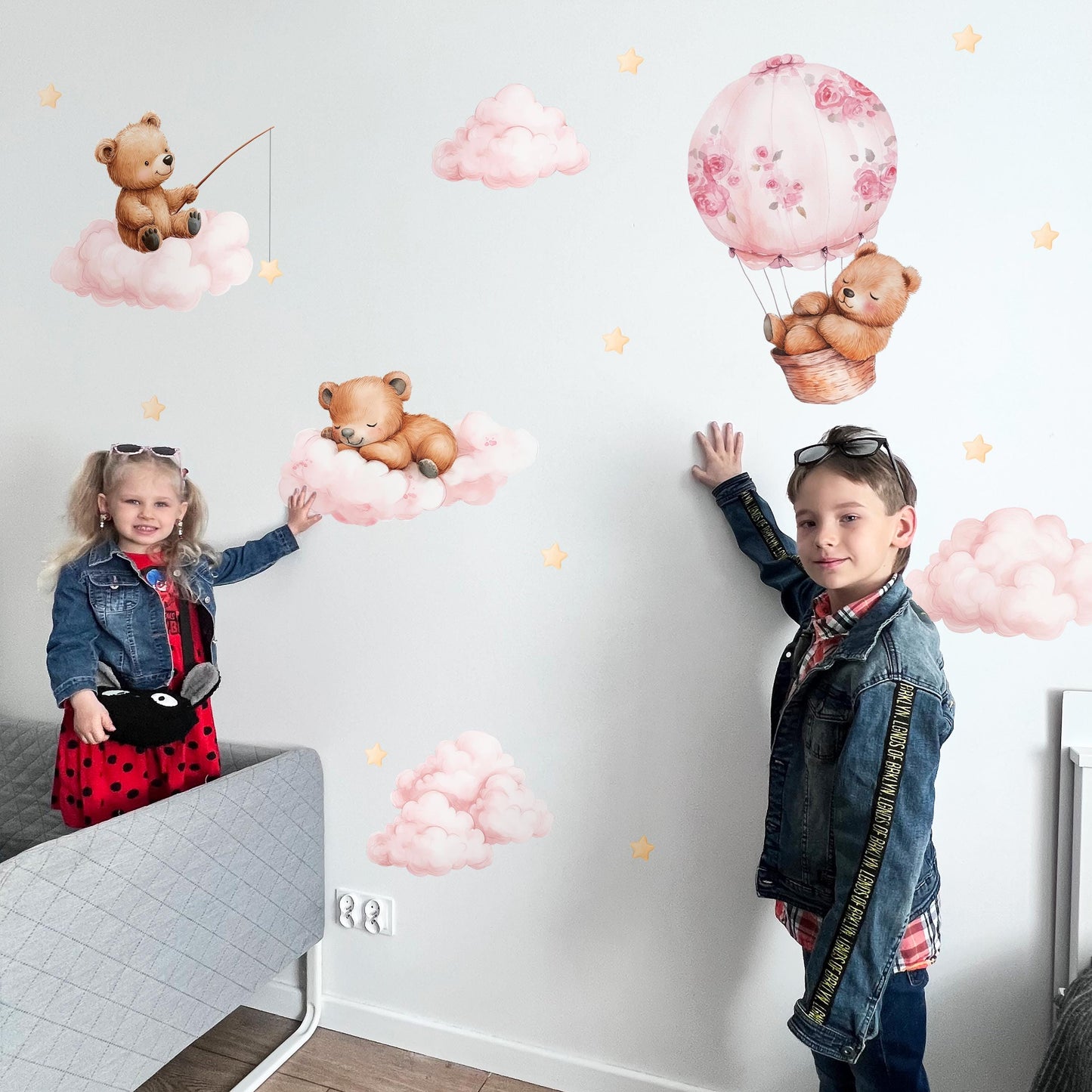 Sleepy Bears Wall Decals – Dreamy Nursery Decor, Clouds & Stars Stickers, Soothing Reusable Baby Wall Art