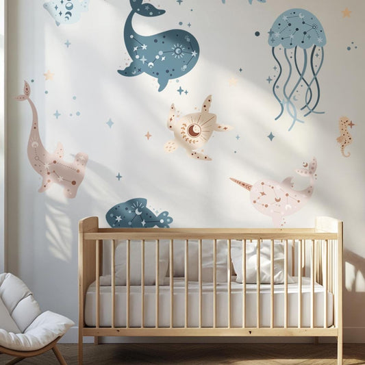 Autocollants muraux animaux marins – Autocollants extra larges et réutilisables pour chambre d'enfant ou salle de jeux, décoration de chambre écologique et sans PVC sur le thème de la vie marine