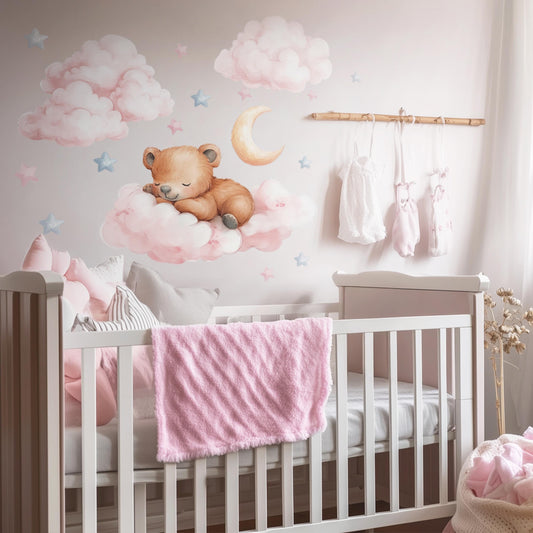 Stickers muraux ours en peluche - Sticker mural pour chambre d'enfant avec lune, étoiles et nuages, décoration intérieure pour baby shower, stickers pour chambre d'enfant