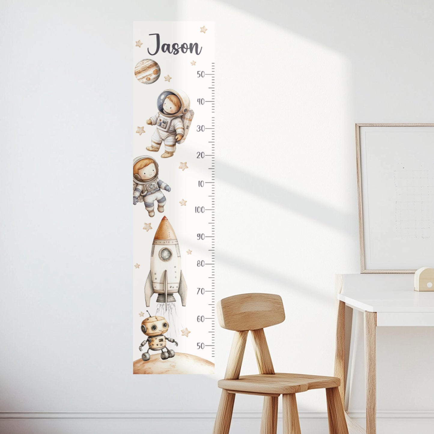 Stickers muraux astronautes et tableau de croissance personnalisé - Décoration de chambre d'enfant avec fusées, planètes et robot - Stickers muraux XXL pour chambre de garçon