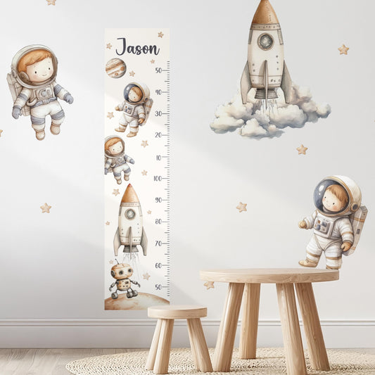 Stickers muraux astronautes et tableau de croissance personnalisé - Décoration de chambre d'enfant avec fusées, planètes et robot - Stickers muraux XXL pour chambre de garçon
