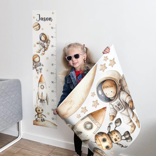 Stickers muraux astronautes et tableau de croissance personnalisé - Décoration de chambre d'enfant avec fusées, planètes et robot - Stickers muraux XXL pour chambre de garçon