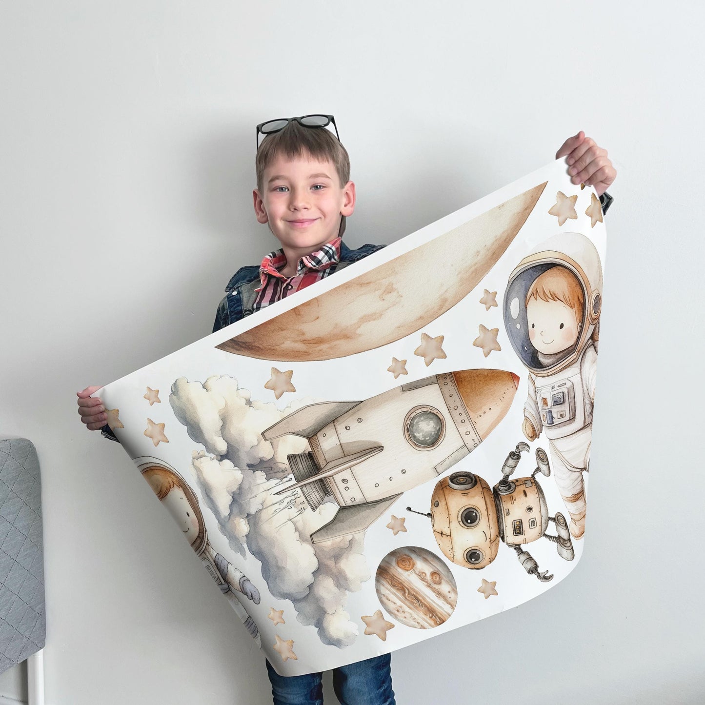 Stickers muraux astronautes et tableau de croissance personnalisé - Décoration de chambre d'enfant avec fusées, planètes et robot - Stickers muraux XXL pour chambre de garçon