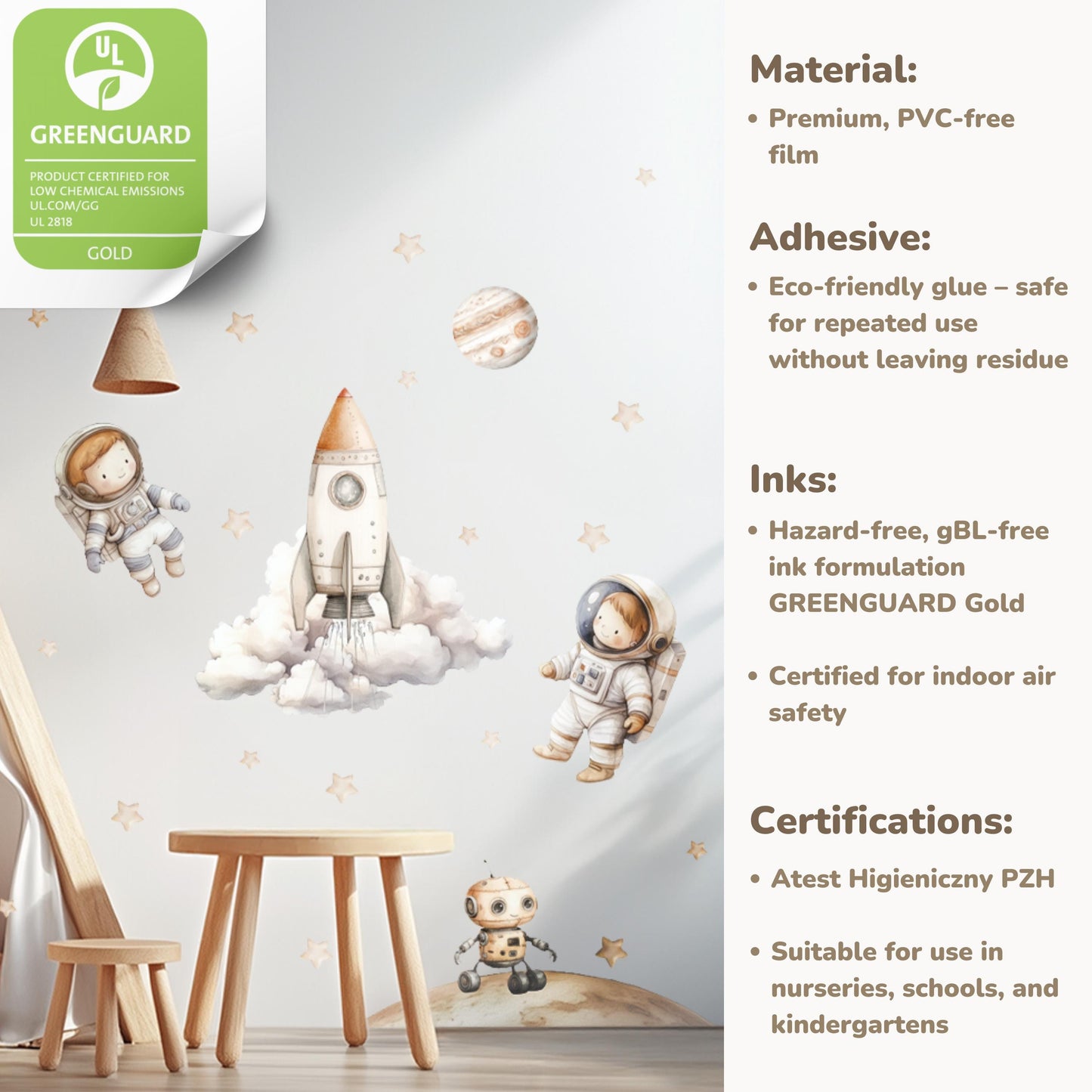 Stickers muraux astronautes et tableau de croissance personnalisé - Décoration de chambre d'enfant avec fusées, planètes et robot - Stickers muraux XXL pour chambre de garçon