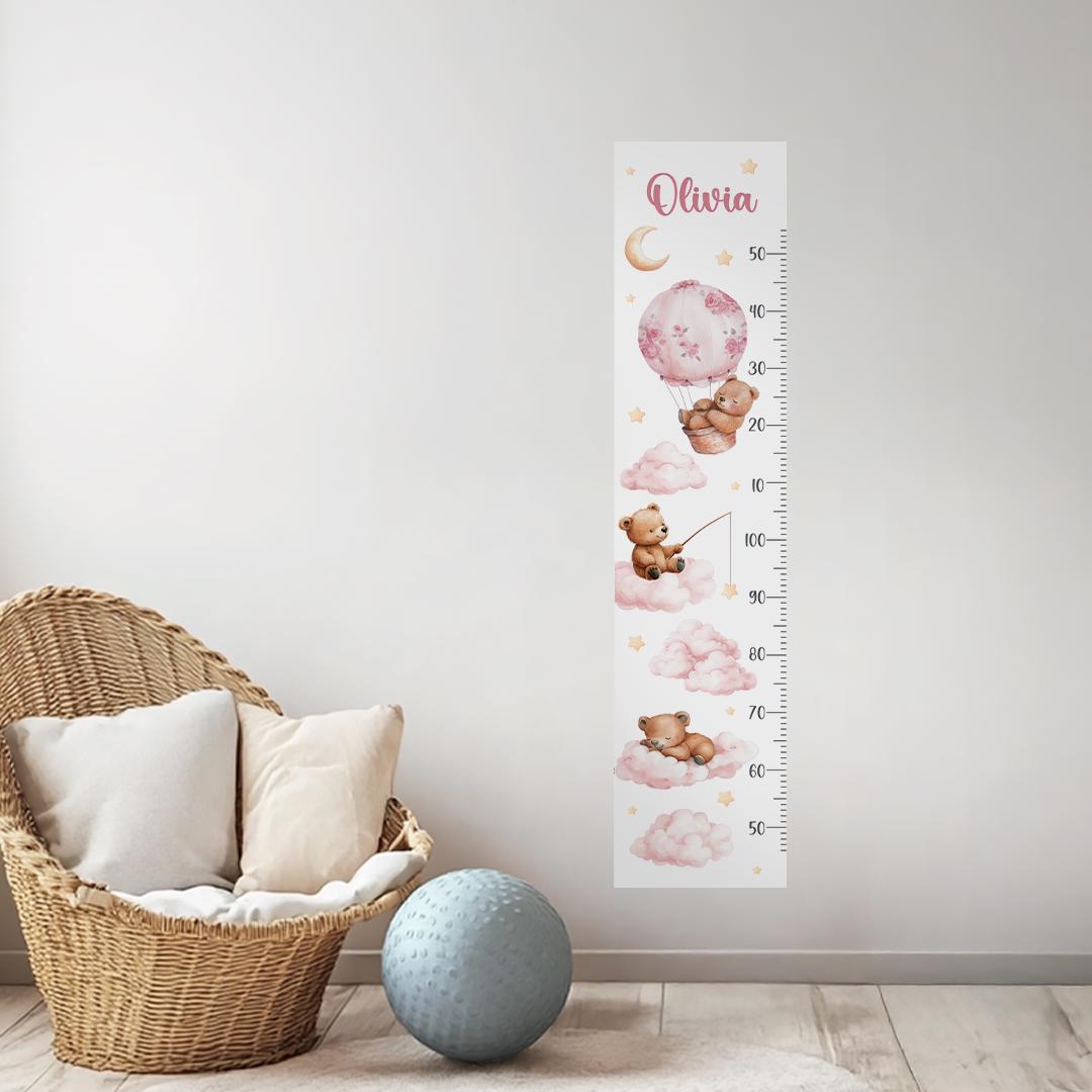 Autocollants muraux Ours et Nuages ​​– Toise personnalisée avec nom pour garçons et filles, à décoller et coller, sans plastique, pour chambre d'enfant