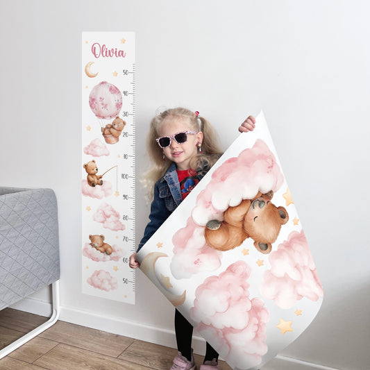 Autocollants muraux Ours et Nuages ​​– Toise personnalisée avec nom pour garçons et filles, à décoller et coller, sans plastique, pour chambre d'enfant