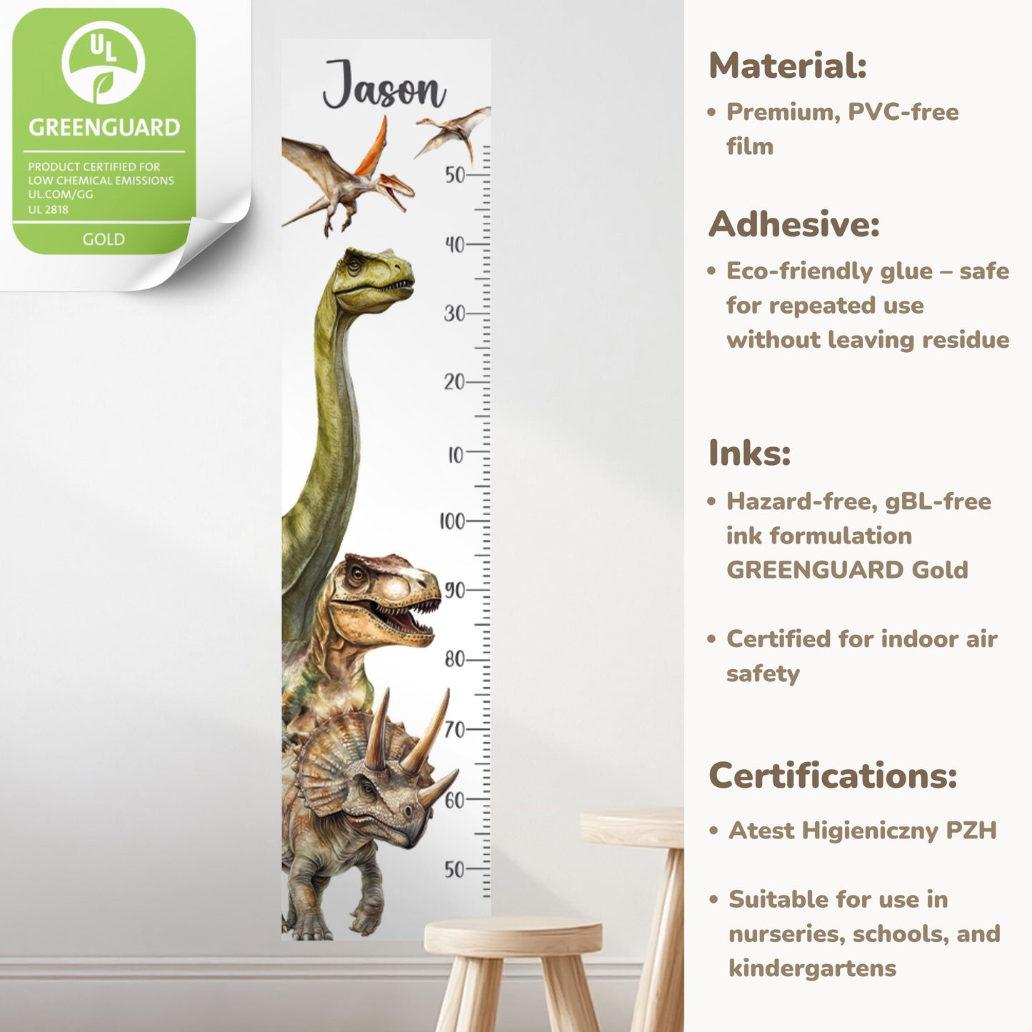 Autocollants muraux personnalisés pour tableau de croissance des dinosaures – Ajoutez le nom de votre enfant, réutilisables, à décoller et à coller, sans PVC, parfaits pour la crèche ou la salle de jeux
