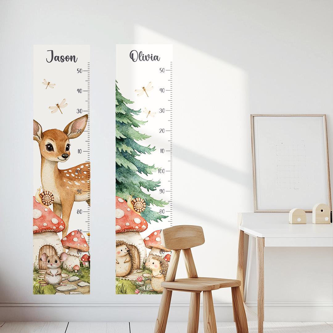 Autocollants muraux sur le thème de la forêt, tableau de croissance personnalisé avec le nom de l'enfant, respectueux de l'environnement, à décoller et à coller, décoration d'animaux de la forêt