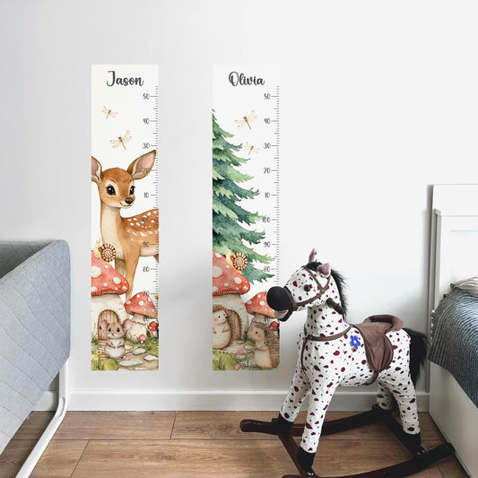 Autocollants muraux sur le thème de la forêt, tableau de croissance personnalisé avec le nom de l'enfant, respectueux de l'environnement, à décoller et à coller, décoration d'animaux de la forêt
