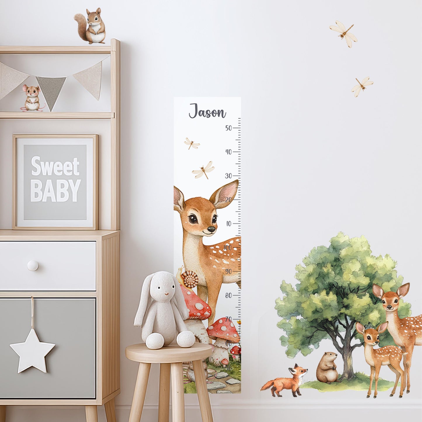 Autocollant mural pour chambre d'enfant - Autocollants animaux de la forêt - Autocollants animaux et arbres de la forêt - Tableau de croissance personnalisé - Décoration murale pour salle de jeux