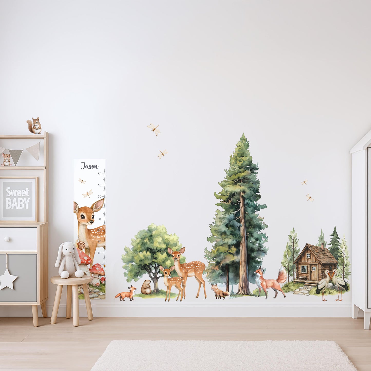 Autocollant mural pour chambre d'enfant - Autocollants animaux de la forêt - Autocollants animaux et arbres de la forêt - Tableau de croissance personnalisé - Décoration murale pour salle de jeux