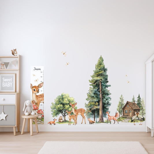 Autocollant mural pour chambre d'enfant - Autocollants animaux de la forêt - Autocollants animaux et arbres de la forêt - Tableau de croissance personnalisé - Décoration murale pour salle de jeux