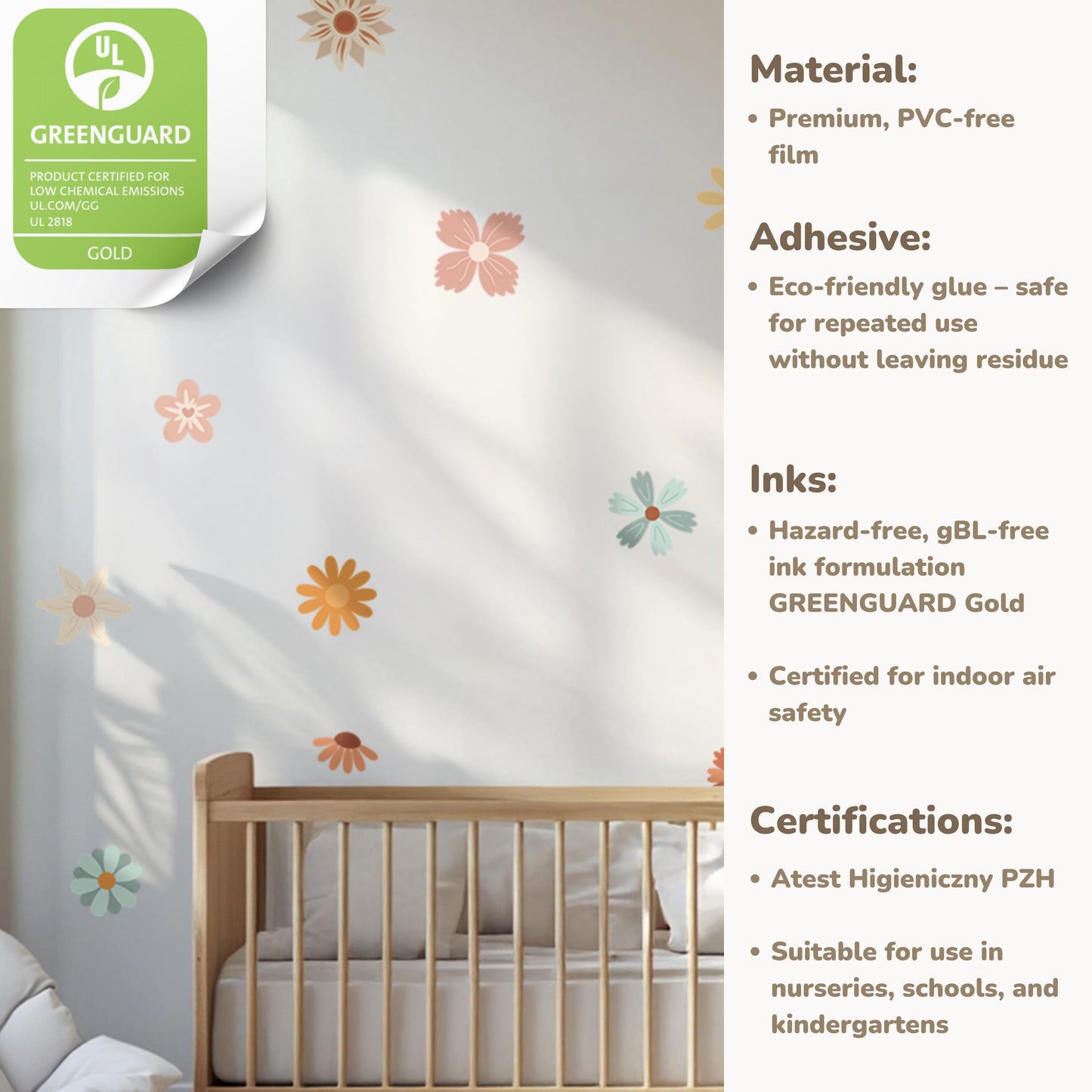 Flowers Wall Decals – Boho Floral Nursery Decor, Reusable & Eco-Friendly Stickers for Kids Room, Nature-Inspired Wall Art