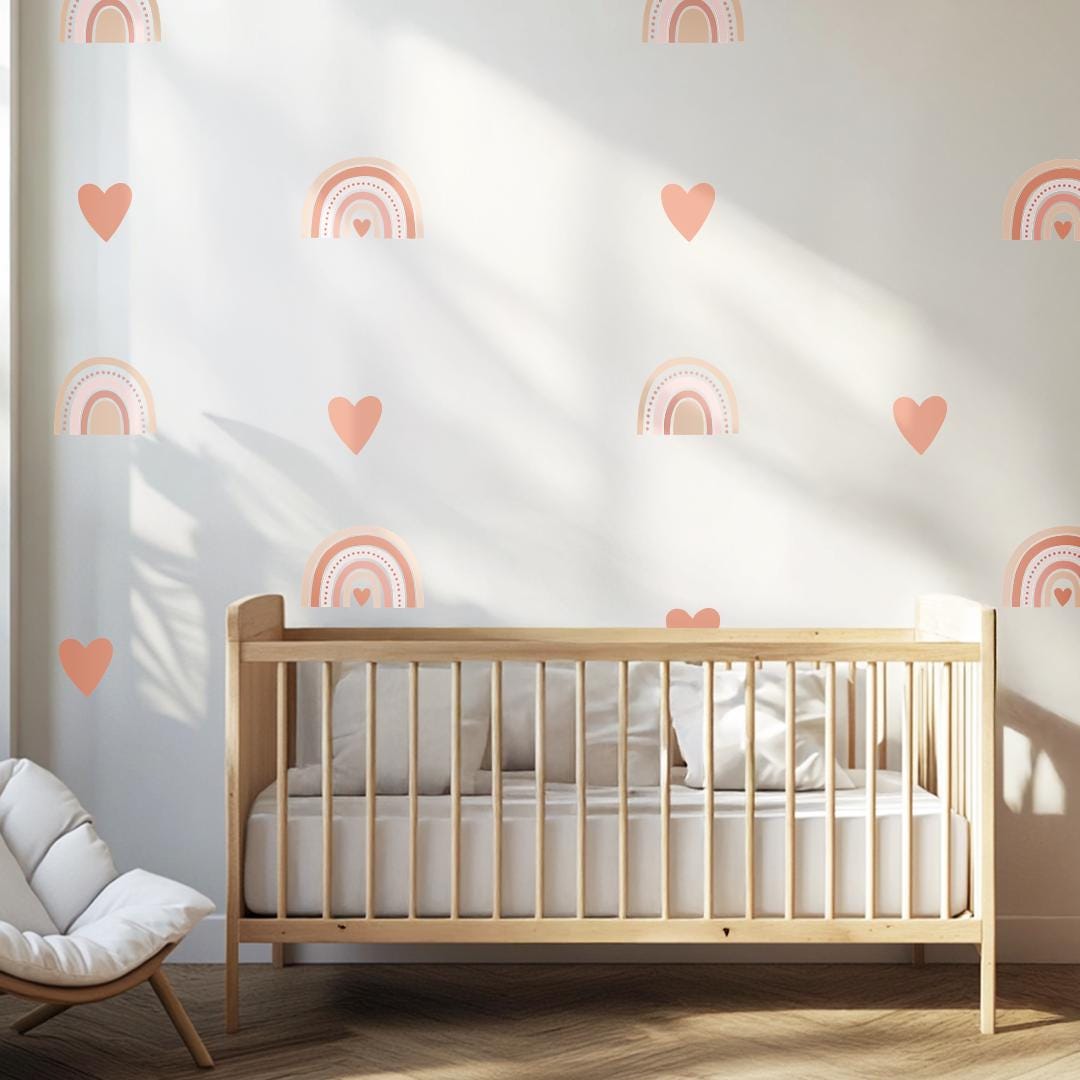 Boho Rainbow & Heart Wall Decals - Kids Room Wall Stickers, Non-Toxic Reusable Nursery Decor, Rainbow Stickers for Baby Room