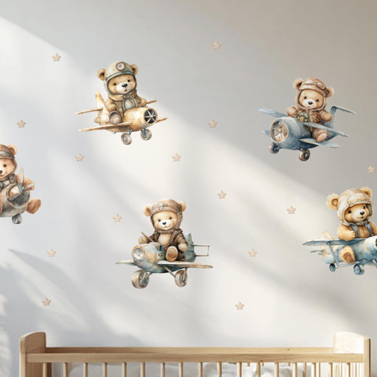 Bear Pilots Wall Decals – Adventure-Themed Nursery Decor for Boys, Removable Plane Stickers with Stars, Soft Watercolor Style
