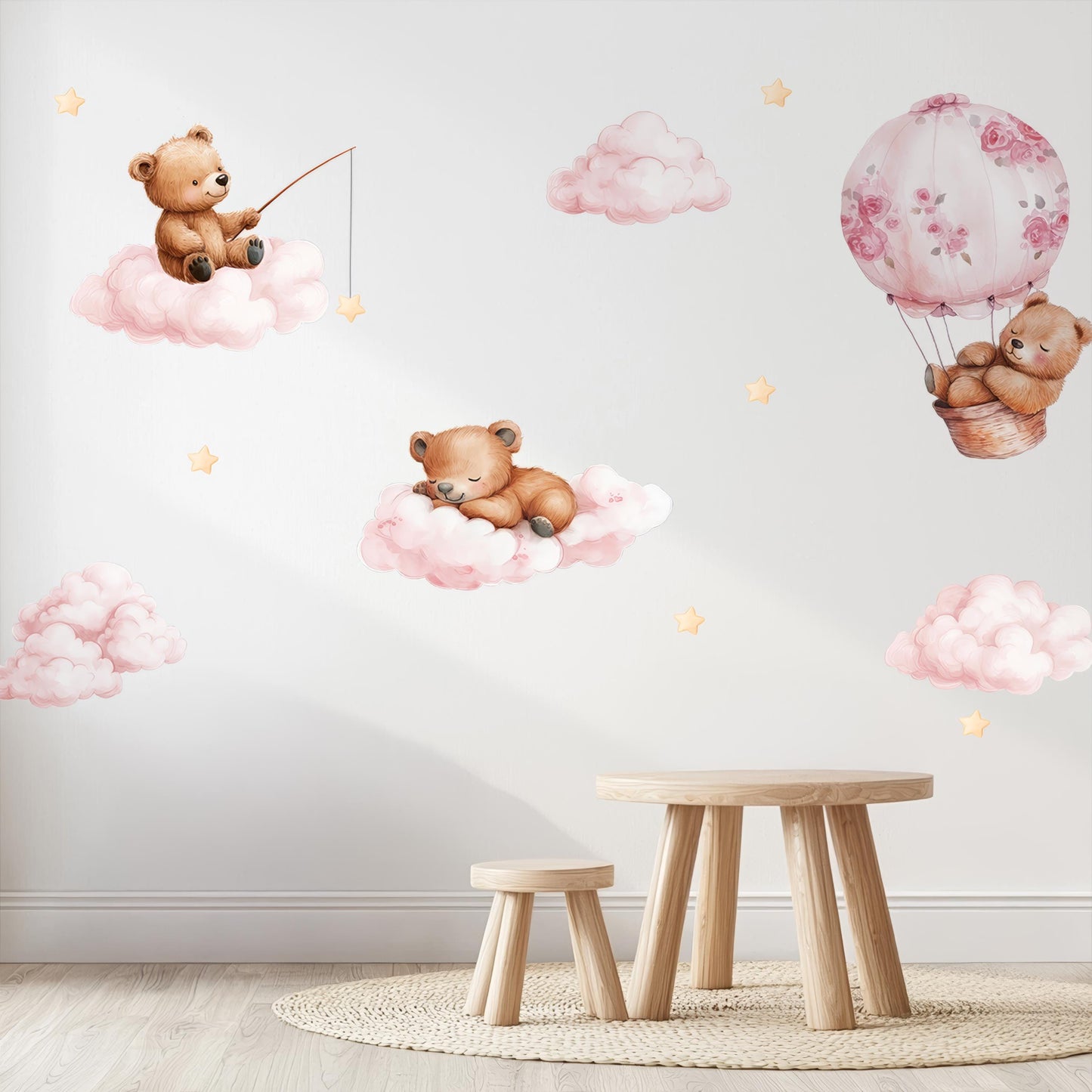 Sleepy Bears Wall Decals – Dreamy Nursery Decor, Clouds & Stars Stickers, Soothing Reusable Baby Wall Art