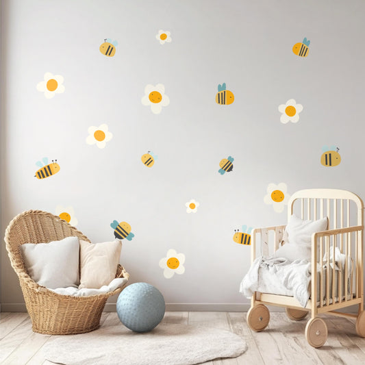 Bees Wall Decals – Nature-Inspired Nursery Art for Girls & Boys, Reusable Stickers in L-XL Sizes, Adorable Bee and Floral Kids Room Decor