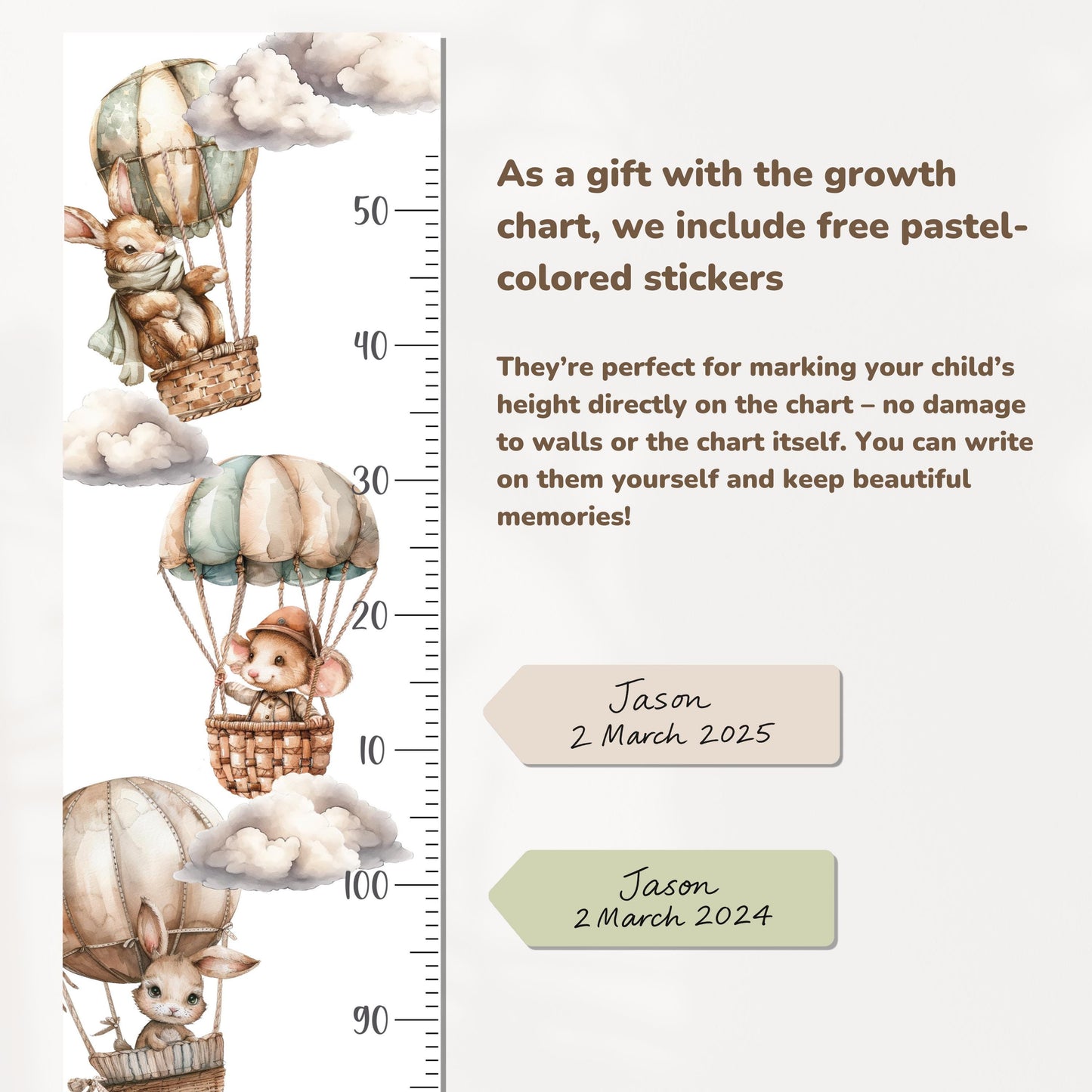 Hot Air Balloon Growth Chart Wall Decals – Personalized with Child’s Name, Eco-Friendly, Peel & Stick Nursery Height Ruler