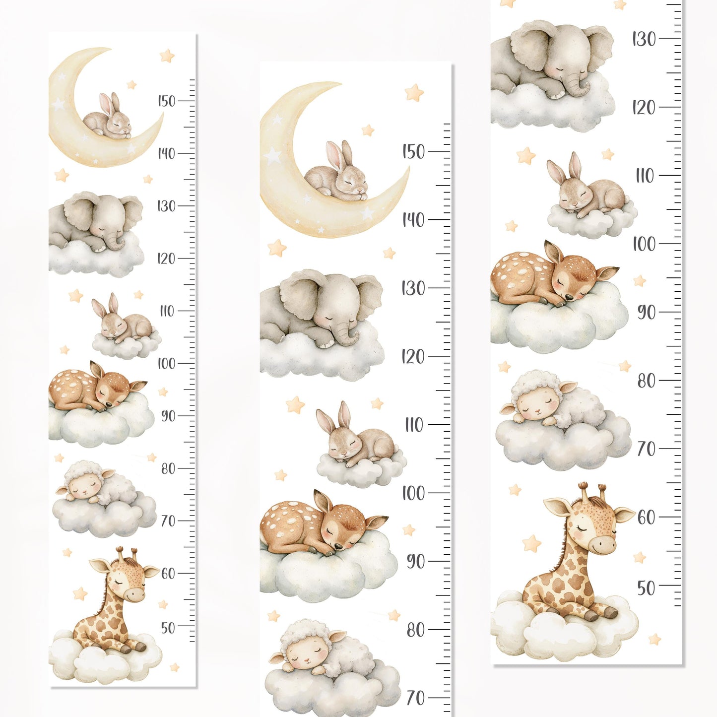 Sleeping Animals Height Chart Wall Decals – Dreamy Growth Ruler with Stars & Moon, Reusable Nursery Wall Art in Watercolor Style