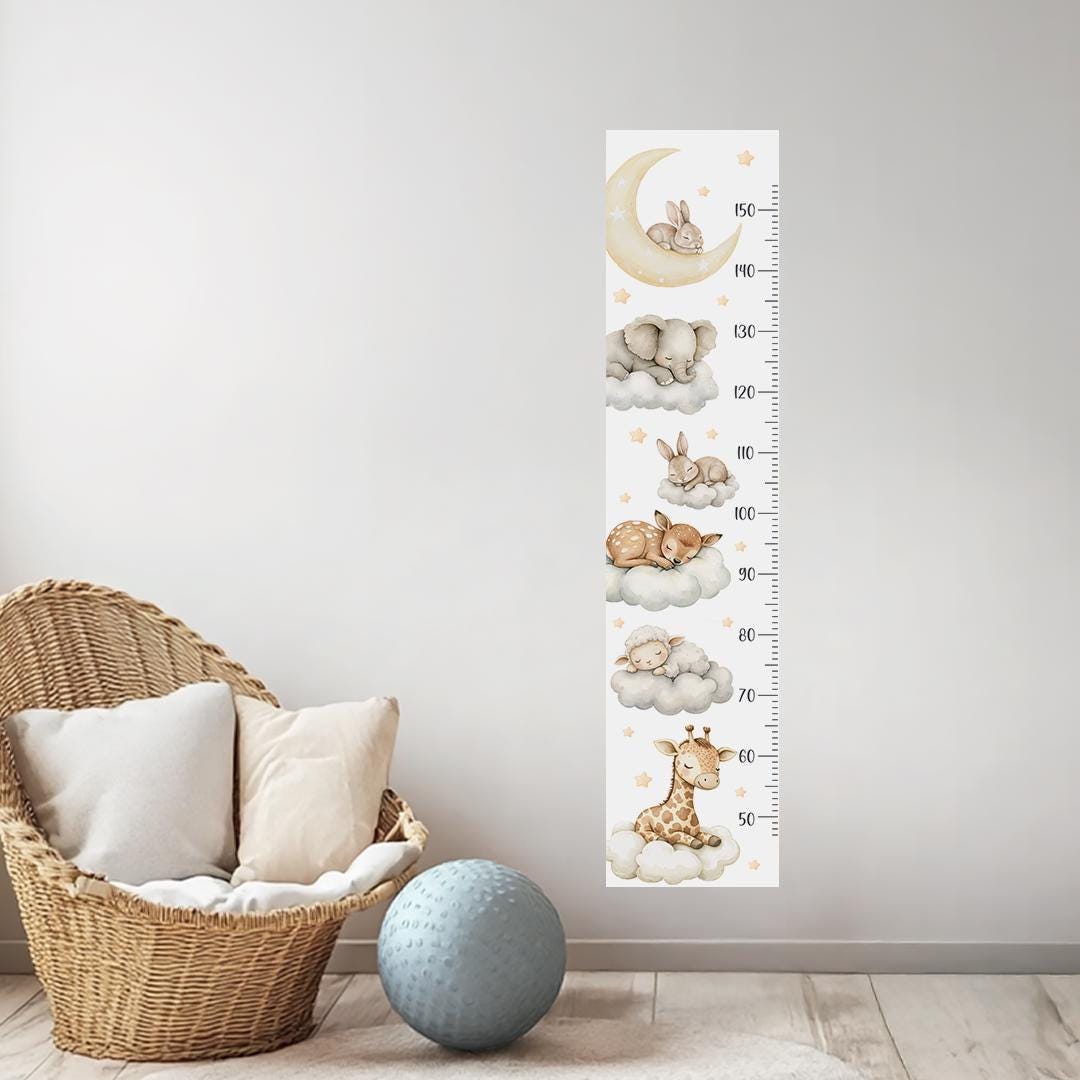 Sleeping Animals Height Chart Wall Decals – Dreamy Growth Ruler with Stars & Moon, Reusable Nursery Wall Art in Watercolor Style