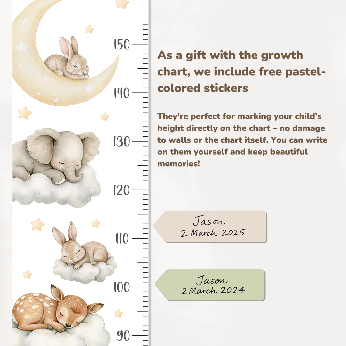 Sleeping Animals Height Chart Wall Decals – Dreamy Growth Ruler with Stars & Moon, Reusable Nursery Wall Art in Watercolor Style