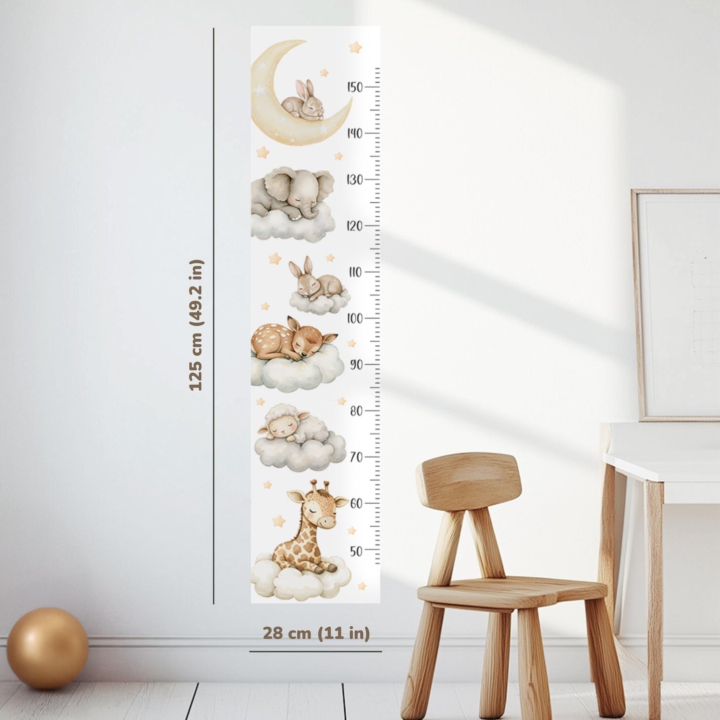 Sleeping Animals Height Chart Wall Decals – Dreamy Growth Ruler with Stars & Moon, Reusable Nursery Wall Art in Watercolor Style