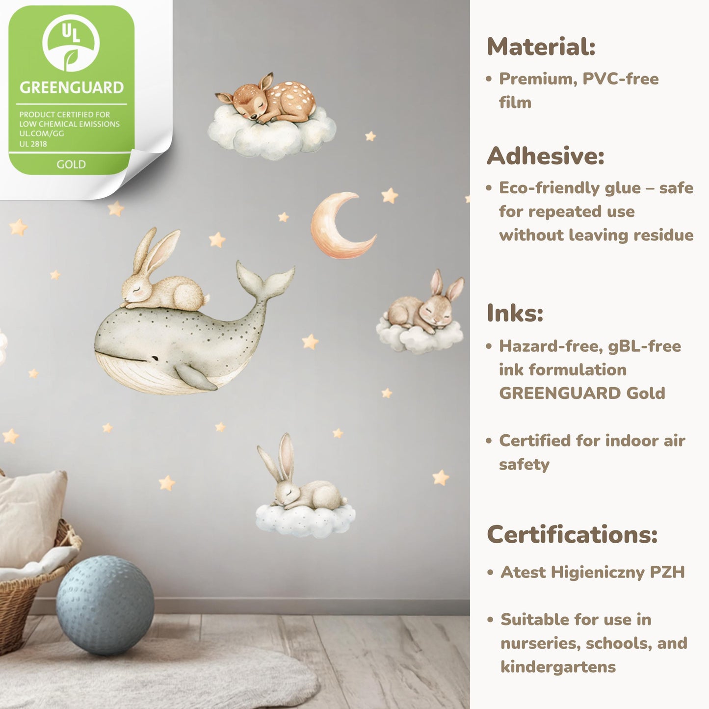 Wandaufkleber mit Walen und Häschen – Weiche Pastellfarbene Schlafende Tiere, Babyzimmer-Dekor, Kinderzimmer-Wolken- und Sternenmotiv, ungiftige, wiederverwendbare Wandkunst