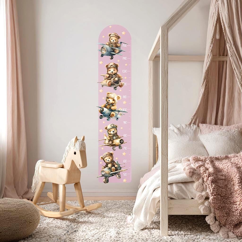 Teddy Bear Aviator Growth Chart Wall Decal – Personalized Height Ruler for Kids, Peel & Stick, Eco-Friendly Nursery Wall Art