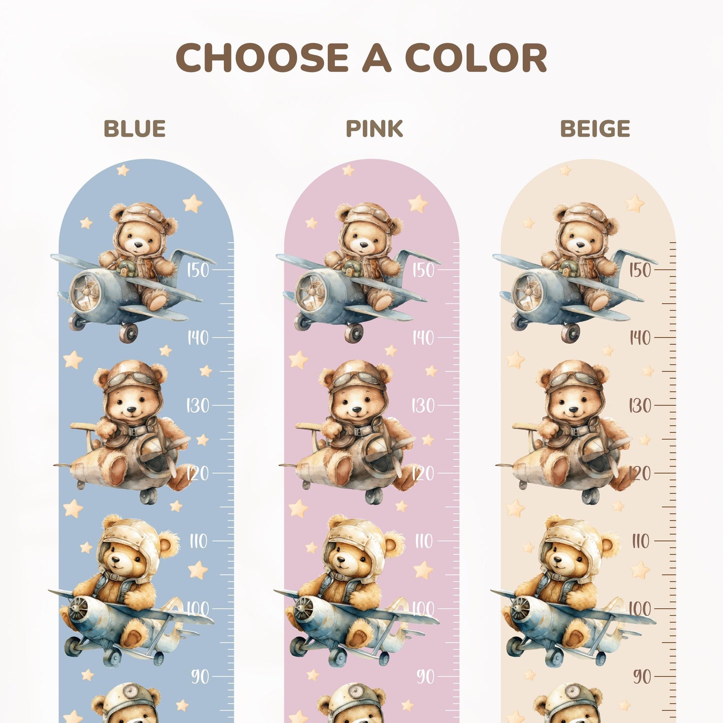 Teddy Bear Aviator Growth Chart Wall Decal – Personalized Height Ruler for Kids, Peel & Stick, Eco-Friendly Nursery Wall Art