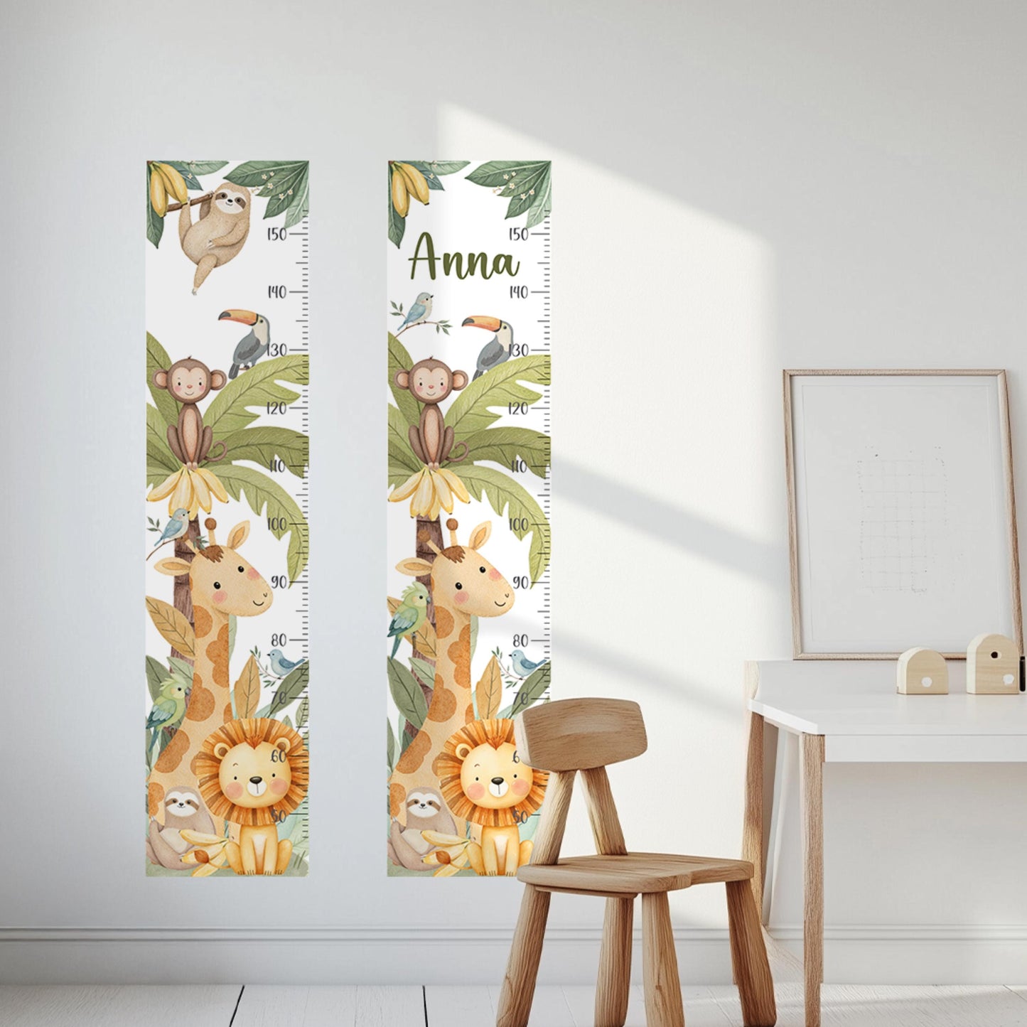 Jungle Animals Height Chart Wall Decals – Watercolor Growth Ruler with Giraffe, Monkey & Lion – Reusable Nursery Wall Art in Safari Theme