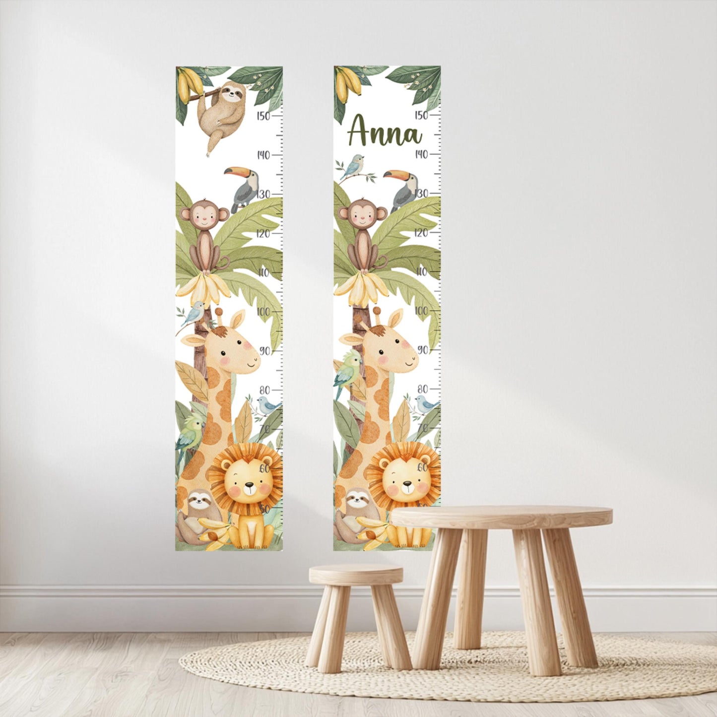 Jungle Animals Height Chart Wall Decals – Watercolor Growth Ruler with Giraffe, Monkey & Lion – Reusable Nursery Wall Art in Safari Theme