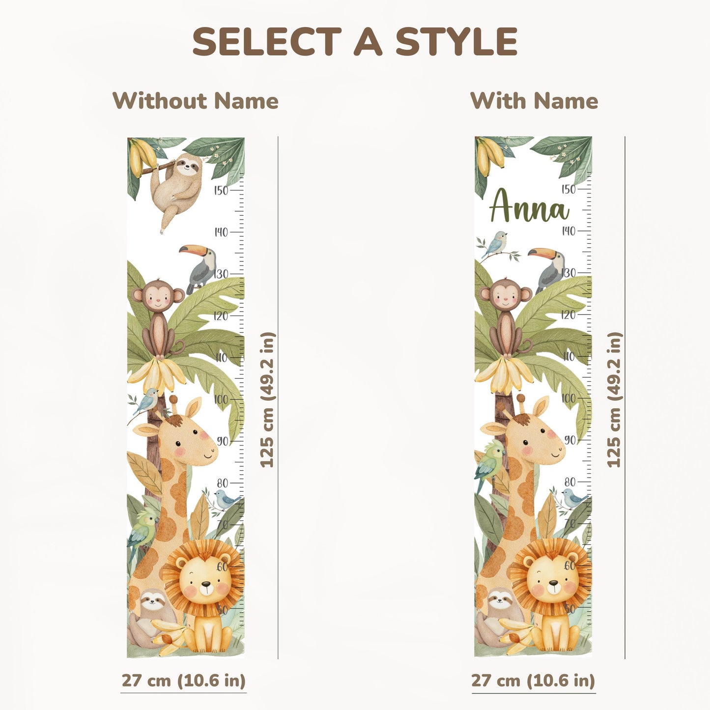 Jungle Animals Height Chart Wall Decals – Watercolor Growth Ruler with Giraffe, Monkey & Lion – Reusable Nursery Wall Art in Safari Theme